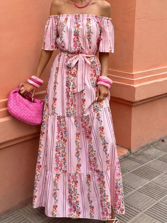 Dresses & Skirts - Boho Floral print Off Shoulder Belted Ruffle Hem Maxi Dress